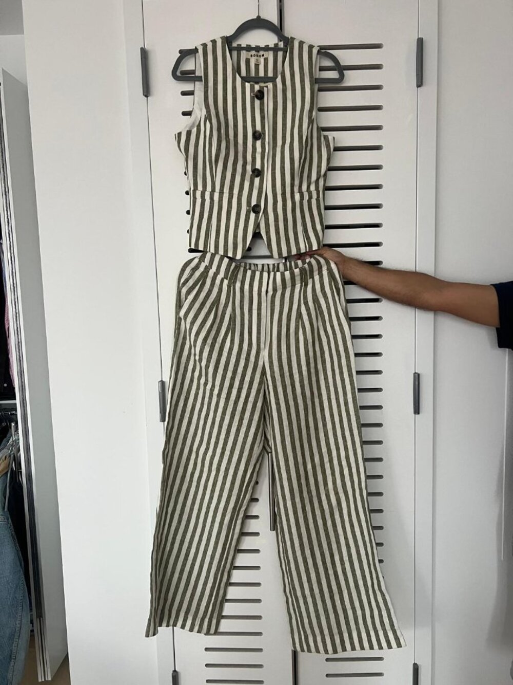 Boden Olive Ivory Stripe Linen Vest & Wide Leg Pants Set Size 8 - Picture 5 of 13